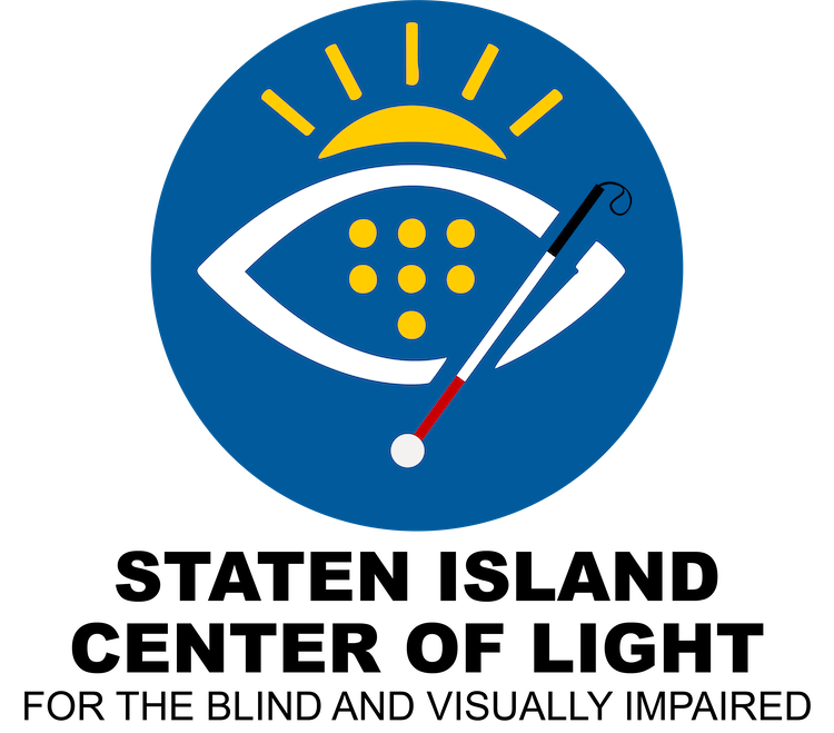 Circular logo for CENTER OF LIGHT featuring a stylized eye with yellow Braille dots, a yellow sunrise above, and a diagonal white cane on a blue background.