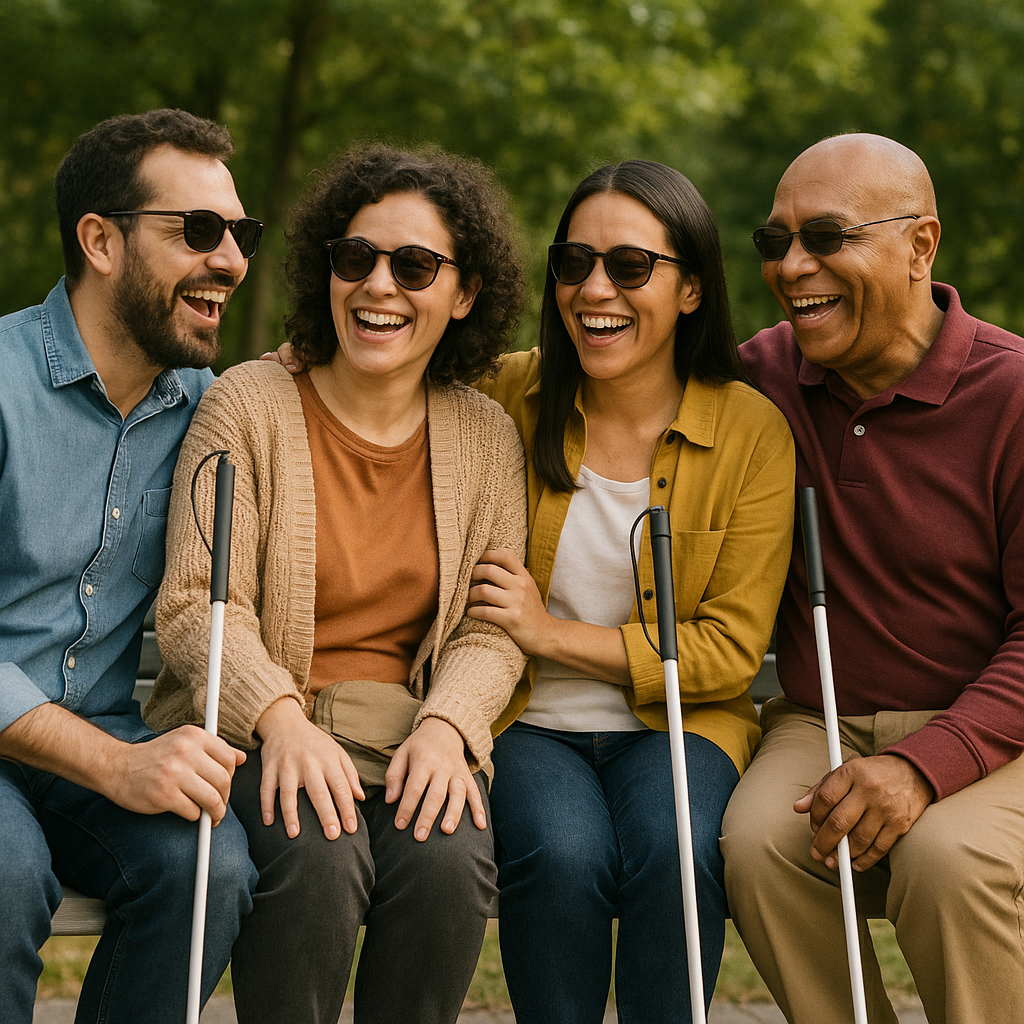 Four visually impaired friends wearing sunglasses and using white canes, laughing and sitting together on a bench.