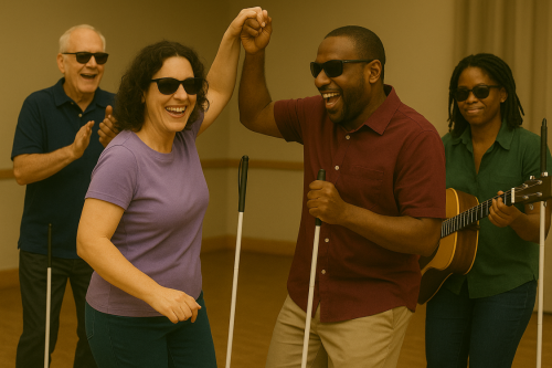 Two blind individuals with white canes dancing and celebrating while friends clap and play guitar.