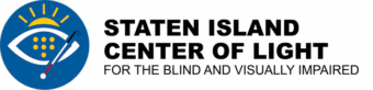 STATEN ISLAND CENTER OF LIGHT logo with a blue circle containing a stylized white eye, yellow Braille dots inside, a sunrise above, and a white cane crossing diagonally. Black text reads “STATEN ISLAND CENTER OF LIGHT.”