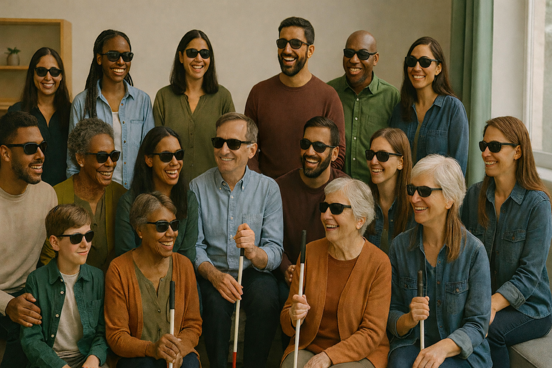 A diverse group of people wearing sunglasses and holding white canes smiling together indoors.